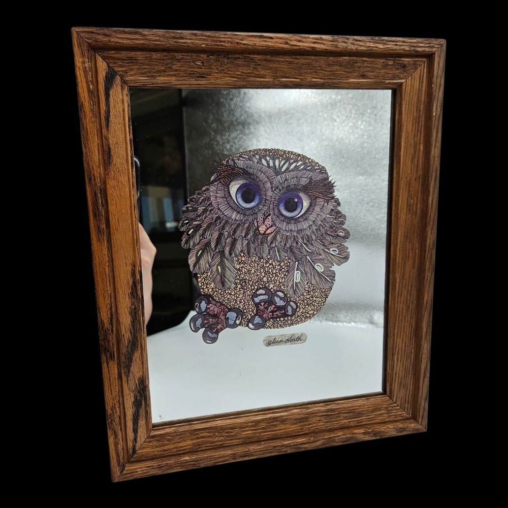 Vintage 1970's Framed Owl Mirror Glenn Heath Big Blue Eyes Long Eyelashes 10x12"